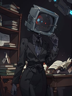 (Exquisite picture), female, black old TV head, close-fitting black suit, thin waist, scary space, background library, floating books, undead, zombies, movie-like composition