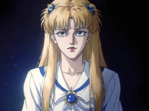 Sailor Moon, girl in sailor suit, detailed eyes, looking at viewer, (long flowing golden hair:1.2), chiaroscuro, indigo, dark background, full super moon, heavenly, mystical,photo,art,anime