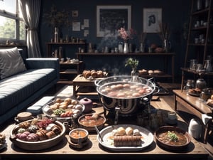 
Creative details are a must. Exudes the desired aesthetic, delicious hotpot, elegant wooden table, food porn, beautiful, simple and warm, steaming, cozy living room, cinematic composition, perfect light, special perspective