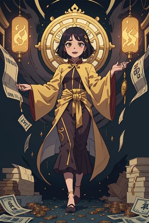 (High quality), (Beautiful composition), (Exquisite facial features), (Full body), 35-year-old female, black hair, fangs, thin waist, confident, white skin, charming smile, evil aura, Chinese god costume, Greedy demon, divine light, malevolence, gold coins, banknotes, gold, valuables, temptation, luxury hell, helpless ghost behind, fearful atmosphere, tilt, cinematic atmosphere, perfect light, special perspective,ANIME 