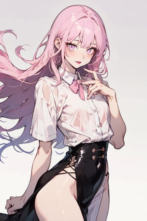 (Masterpiece, best quality, high resolution: 1.3), super high resolution image, beautiful hands, perfect anatomy, human, single, 1 person, 45 years old woman, girl, white and pink skin, cute Sexy and charming purple hair, soft bangs, straight long hair, amber pupils, D cup, slim waist, ((outer) shirt)), ((small dress) )), (lipstick), white background, FurryCore,nj5furry