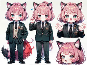 (Masterpiece, best quality, high resolution: 1.3), super resolution image, beautiful hand, perfect anatomy, human, five fingers, single person, (single person), (only 1 person), (head Twice the body), cute version, standing, (((whole body))), 4-year-old girl, furry, animal, wolf, wolf girl, white skin, human hands, wolf tail, wolf ears, handsome , aggression, aggression, cute naughty, wolf teeth, showing teeth, mischievous face, ((red hair)), center parting, high ponytail, ((green pupils)), women's suit, ((shirt)), ((black gold tie)), (black suit), (black suit jacket), office worker, ((white background)), FurryCore,nj5furry