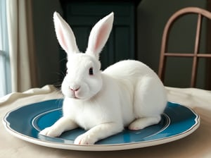 (High quality), (High detail), High quality, white bunny, fluffy, blue eyes, lying on the plate, innocent, movie-like atmosphere, high chroma, perfect light