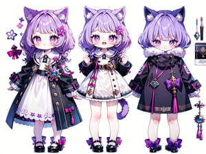 
(Masterpiece, best quality, high resolution: 1.3), super resolution image, beautiful hand, perfect anatomy, human, five fingers, single person, (single person), (only 1 person), (head Twice the body), cute body shape, standing, (((whole body))), 4-year-old girl, furry, animal, cat, cat girl, white with pink skin, human hands, cat tail, cat Ears, innocent, cute, soft, lavender hair, coquettish, lively, flat bangs, long straight hair, purple pupils, female, ((coat)), pointing to the camera, ((little dress)), white background, FurryCore ,nj5furry