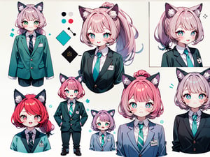 (Masterpiece, best quality, high resolution: 1.3), super resolution image, beautiful hand, perfect anatomy, human, five fingers, single person, (single person), (only 1 person), (head Twice the body), cute version, standing, (((whole body))), 4-year-old girl, furry, animal, wolf, wolf girl, white skin, human hands, wolf tail, wolf ears, handsome , aggression, aggression, cute naughty, wolf teeth, showing teeth, mischievous face, ((red hair)), center parting, high ponytail, ((green pupils)), women's suit, ((shirt)), ((black gold tie)), (black suit), (black suit jacket), office worker, ((white background)), FurryCore,nj5furry