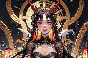 (High quality), (Beautiful composition), (Exquisite facial features), 35-year-old woman, black hair, exquisite makeup, fangs, thin waist, charming smile, evil aura, Chinese god costumes, greedy devil, sacred light , gold coins, banknotes, gold, valuables, temptation, luxury hell, helpless ghost behind, movie-like atmosphere, perfect light