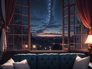 (masterpiece, sharp), (high quality, top quality: 1.5), (no one), (no one, 0 people), ((late night)), ((night)), (((night outside the window))) , dark color, home scene, a suit jacket is draped on the cloth sofa, placed randomly, pillows are placed randomly on the green cloth sofa ((Close-Up to black suit)), excellent composition, movie scene, romantic atmosphere, perfect Perspective, night sky, blurred background