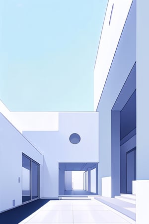 A Bauhaus style building with clean lines and simple shapes, set against a clear blue sky. The building features geometric forms, large windows, and a minimalist aesthetic. The composition highlights the symmetry and balance of the design, with the building centered in the frame. Soft natural light illuminates the structure, emphasizing its modernist architecture.