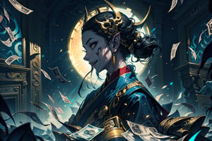 (High quality), (Beautiful composition), (Exquisite facial features), (Full body), (Half profile), (((35-year-old female))), black hair color, fangs, thin waist, confidence, white skin, Charming smile, evil aura, Chinese god costume, greedy demon, divine light, malevolence, gold coins, banknotes, gold, valuables, temptation, luxurious hell, helpless ghost behind, fearful atmosphere, tilt, movie-like atmosphere, perfect light, special perspective