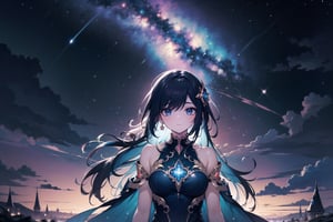 vibrant colors, female, masterpiece, sharp focus, best quality, depth of field, cinematic lighting, ((solo, one woman )), (illustration, 8k CG, extremely detailed), masterpiece, ultra-detailed, photograph, Celestial Bodies, Constellations, Nebulae, Galactic Phenomena, Cosmic Guardians, Starry Sky, Celestial Beings