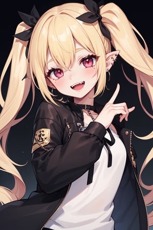 1girl, solo, chain, earrings, jewelry, long_hair, open_mouth, looking_at_viewer, smile, :d, piercing, sharp_teeth, twintails, ear_piercing, fangs, mole, upper_body, blonde_hair, teeth, blush, ribbon, jacket, hair_ribbon, eyebrows_visible_through_hair