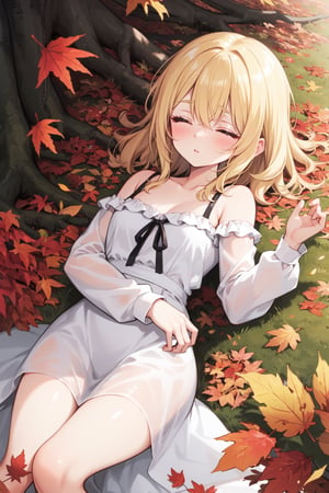 1girl, dress, autumn_leaves, closed_eyes, solo, white_dress, autumn, long_sleeves, on_back, lying, outdoors, parted_lips, closed_mouth, bangs, blush, eyebrows_visible_through_hair, blonde_hair, leaf, tree, sleeping