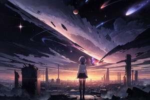 (analog film), (best quality, masterpiece), sunrise, anime girl, tall with short skirt, long black stockings, nice medium breasts, short hair, short purple hair, medium length, silhouette, landscape, milky way, high quality, 4K, big moon, star shower, planets, end of the world, galaxies, storms, meteor shower, black hole, universes, dark matter, dark energy, immense light, destroyed cities, nebula, two moons, giant planet in background, two moons impacting, space explosions, fantastic animals, space creatures, masterpiece, best quality