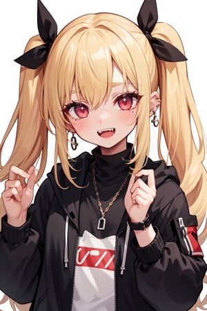 1girl, solo, chain, earrings, jewelry, long_hair, open_mouth, looking_at_viewer, smile, :d, piercing, sharp_teeth, twintails, ear_piercing, fangs, mole, upper_body, blonde_hair, teeth, blush, ribbon, jacket, hair_ribbon, eyebrows_visible_through_hair