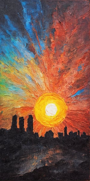  image of a small sun  a  hand covering the sun, a rainbow of colors in the sky into the black canvas sky, sun overlooking the shadow of a ruined cit
Acrylic painting abstract illustration, ,oil painting,oil paint,outline