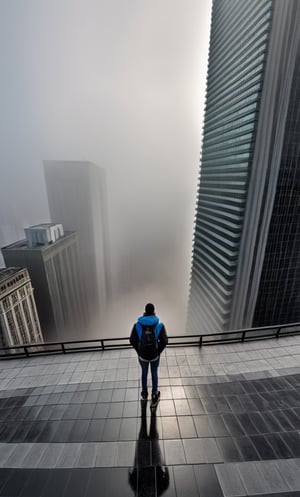 cloudy day, parkor person looking down at the street from balcony on top a giant sky scraper , looking down at streets bekbelo, , a strong fog near the building is seen overtaking the street below  casting shadows, darkend sky, dark clouds, night time
posted in mesmerizing 16K resolution