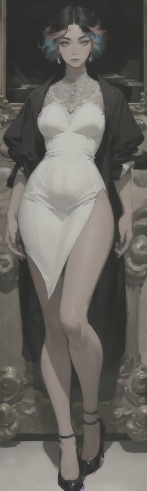 ((masterpiece, best quality)),black mini dress ,detailed face,detailed hands, vibrant artwork,Realism,Detailedface,good anatomy,complex_background,beauty,multicolored_hair,european,8k,HD,best shot,focus, short hair,REALISTIC,open jacket,big_hips,full_body,epic,
charismatic,bare legs,High detailed,big thighs,soft makeup,High detailed ,Color magic,standing