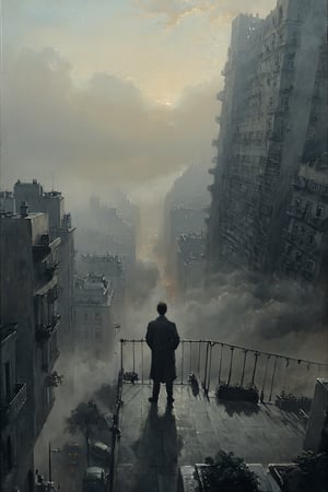  cloudy day, parkor person looking down at the street from balcony on top a giant sky scraper , looking down at streets bekbelo, , a strong fog near the building is seen overtaking the street below casting shadows, black sky, dark clouds, night time, art by ZdzisLaw Beksinski,
sharp focus, high quality, 4k high resolution,
dagobahlnd 