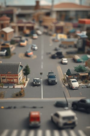 
A tilt-shift miniature diorama of a small town main street. Use a Nikon D850 with a 35mm f/1.8 lens for a powerful shot of multiple stores and parked cars. A grocery store is seen in the foreground, a movie theater is blurred in the back ground and the horizon blurred.