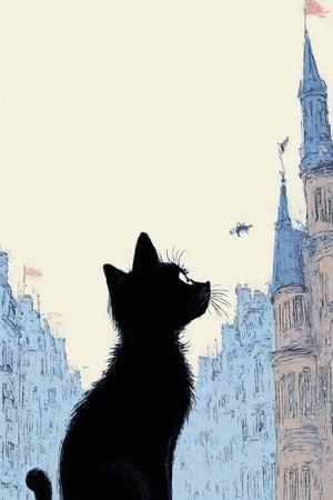 fairy tale illustrations,Simple minimum art, 
black cat of mischief looking over a city on chaos