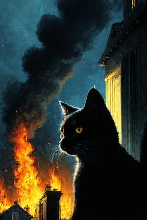 fairy tale illustrations,Simple minimum art, 
black cat of mischief looking over a burning building
