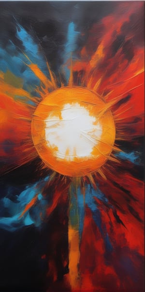  traces of a wide dry brush, oil paint, high-energy, dark gothic Acrylic painting abstract illustration, dark fantasy art. vibrant colors, dynamic compositions combined with geometric shapes. vibrant colors and  , back ground shows  a sun gaint sun during a  eclipse  vibrant colors illuminate  the sky from black canvas