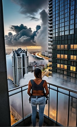 parkor person looking down at the street from balcony o top a giant sky scraper , looking down at streets bekbelo, , a strong fog near the building is seen overtaking the street below  casting shadows, darkend sky, dark clouds, night time
posted in mesmerizing 16K resolution