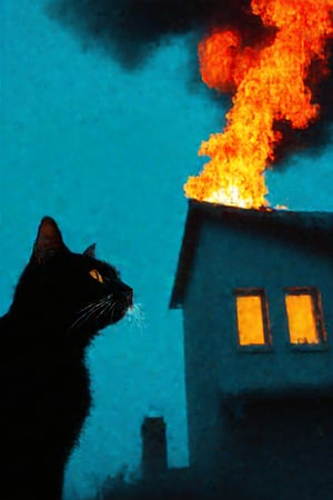 fairy tale illustrations,Simple minimum art, 
black cat of mischief looking over a burning building
