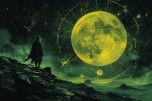 Illustration, dark fantasy, chiaroscuro, far away  side  shot, small image of a masked person walking down a hill, close up ofa giant geometric astromnomical patterned lines surrond the moon in the background, darkened sky