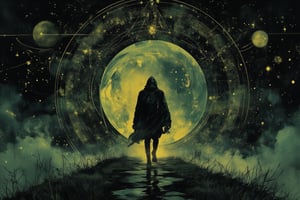 Illustration, dark fantasy, chiaroscuro, far away  side  shot, small image of a masked person walking down a hill, close up ofa giant geometric astromnomical patterned lines surrond the moon in the background, darkened sky