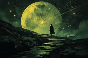 Illustration, dark fantasy, chiaroscuro, far away  side  shot, small image of a masked person walking down a hill, close up ofa giant geometric astromnomical patterned lines surrond the moon in the background, darkened sky