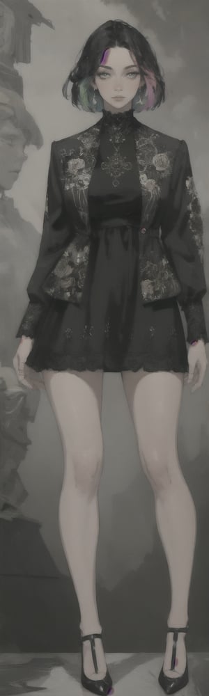 ((masterpiece, best quality)),black mini dress ,detailed face,detailed hands, vibrant artwork,Realism,Detailedface,good anatomy,complex_background,beauty,multicolored_hair,european,8k,HD,best shot,focus, short hair,REALISTIC,open jacket,big_hips,full_body,epic,
charismatic,bare legs,High detailed,big thighs,soft makeup,High detailed ,Color magic,standing