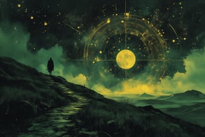 Illustration, dark fantasy, chiaroscuro, far away  side  shot, small image of a masked person on the left walking down a hill, close up ofa giant geometric astromnomical patterned lines surrond the moon center in the background, darkened sky