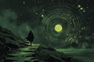 Illustration, dark fantasy, chiaroscuro, far away  side  shot, small image of a masked person on the left walking down a hill, close up ofa giant geometric astromnomical patterned lines surrond the moon center in the background, darkened sky