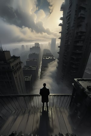  cloudy day, parkor person looking down at the street from balcony on top a giant sky scraper , looking down at streets bekbelo, , a strong fog near the building is seen overtaking the street below casting shadows, black sky, dark clouds, night time, art by ZdzisLaw Beksinski,
sharp focus, high quality, 4k high resolution,
dagobahlnd 