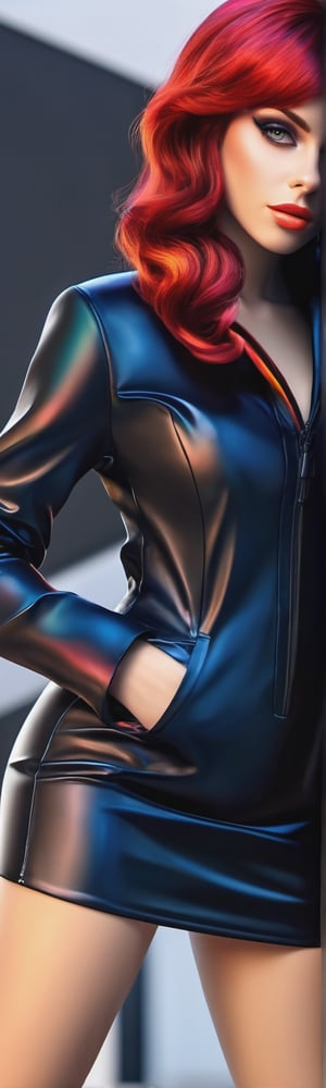 ((masterpiece, best quality)),black mini dress ,detailed face,detailed hands, vibrant artwork,Realism,Detailedface,good anatomy,complex_background,beauty,multicolored_hair,european,8k,HD,best shot,focus, short hair,REALISTIC,open jacket,big_hips,full_body,epic,
charismatic,bare legs,High detailed,big thighs,soft makeup,High detailed ,Color magic,standing