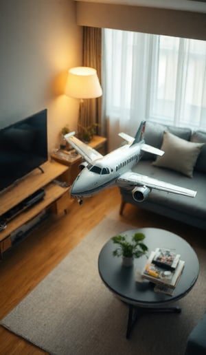 
A  miniature diorama of a small jet airplane flying over a person's living room, Use a Nikon D850 with a 35mm f/1.8 lens for a powerful shot of a airplane,  a tv, couch, a desk and a lamp can be seen blurred in the background, tilted view looking down at jet plane