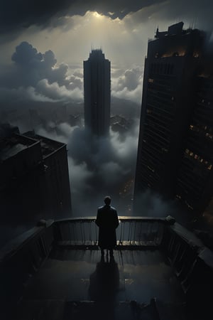  cloudy day, parkor person looking down at the street from balcony on top a giant sky scraper , looking down at streets bekbelo, , a strong fog near the building is seen overtaking the street below casting shadows, black sky, dark clouds, night time, art by ZdzisLaw Beksinski,
sharp focus, high quality, 4k high resolution,
dagobahlnd 