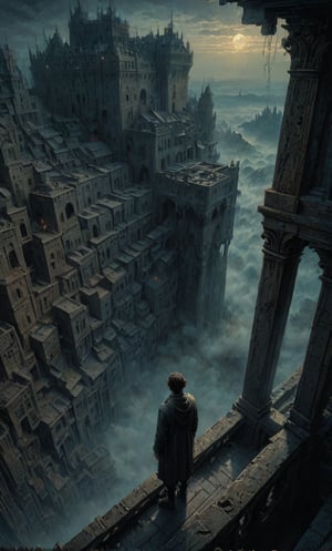  cloudy night, parkor person looking down from on top a giant balcony ,  labyrinth below, , a strong fog  is seen overtaking the labyrinthbelow casting shadows, blackness, dark clouds, night time, art by ZdzisLaw Beksinski, sharp focus, high quality, 4k high resolution, dagobahlnd, art by ZdzisLaw Beksinski,
sharp focus, high quality, 4k high resolution,
dagobahlnd 