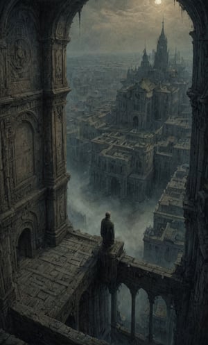  cloudy night, parkor person looking down from on top a giant balcony ,  labyrinth below, , a strong fog  is seen overtaking the labyrinthbelow casting shadows, blackness, dark clouds, night time, art by ZdzisLaw Beksinski, sharp focus, high quality, 4k high resolution, dagobahlnd, art by ZdzisLaw Beksinski,
sharp focus, high quality, 4k high resolution,
dagobahlnd 