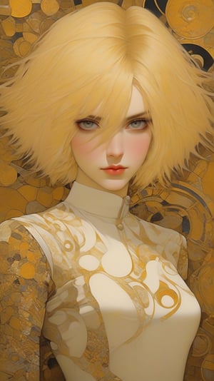 A sophisticated fashion model girl,short blonde bobcut,dynamic character,20yo,detailed exquisite face,male focus,parody,complex background,dynamic light and shadow,bold high quality,high contrast, patchwork,Upperbody,vibrant colors,looking at viewer,by Gustav Klimt and [karol bak], eal_booster,art_booster,ani_booster