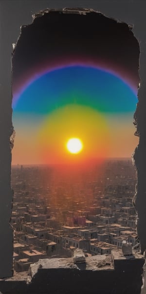  
high above in the sky image of a small sun with a black hand over shadows sun the sun, a rainbow of colors surrond the sky into the black canvas sky, sun overlooking the shadow of a ruined city


