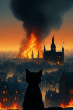 fairy tale illustrations,Simple minimum art, 
black cat of mischief looking over a city on fire