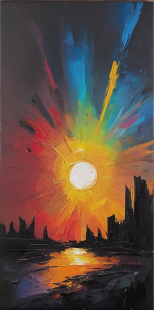  traces of a wide dry brush, oil paint, high-energy, Acrylic painting abstract illustration, dark fantasy art. vibrant colors, dynamic compositions combined with geometric shapes. vibrant colors and  ,  high above in the sky image of  a small  sun with a black hand over shadows sun the sun, a rainbow of colors surrond the sky into the  black canvas sky, sun overlooking the shadow of a ruined city