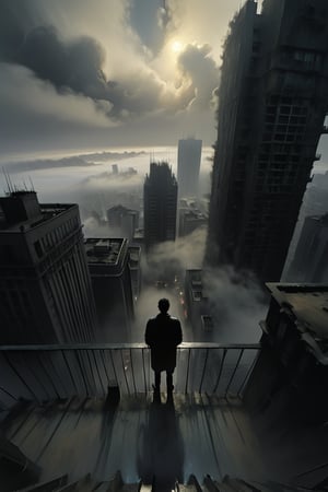  cloudy day, parkor person looking down at the street from balcony on top a giant sky scraper , looking down at streets bekbelo, , a strong fog near the building is seen overtaking the street below casting shadows, black sky, dark clouds, night time, art by ZdzisLaw Beksinski,
sharp focus, high quality, 4k high resolution,
dagobahlnd 