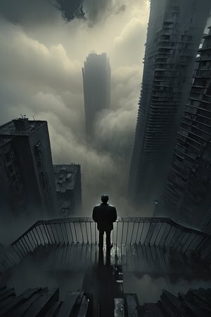  cloudy day, parkor person looking down at the street from balcony on top a giant sky scraper , looking down at streets bekbelo, , a strong fog near the building is seen overtaking the street below casting shadows, black sky, dark clouds, night time, art by ZdzisLaw Beksinski,
sharp focus, high quality, 4k high resolution,
dagobahlnd 