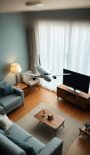 
A tilt-shift miniature diorama of a airplane flying over a person's living room, Use a Nikon D850 with a 35mm f/1.8 lens for a powerful shot of a airplane,  a tv, couch, a desk and a lamp can be seen below, tilted view from above the horizon blurred.