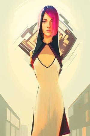 style of Alena Aenami,  wo_marywinstead01,  pink bob cut,  black dress,  portrait,  night city in the background,  centered,  in frame,  concept art,  digital illustration,  matte,  sharp focus,  smooth,  intrincate