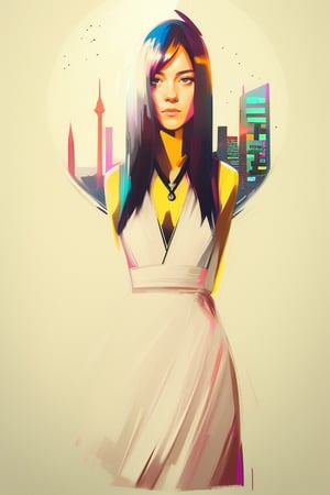 style of Alena Aenami,  wo_marywinstead01,  pink bob cut,  black dress,  portrait,  night city in the background,  centered,  in frame,  concept art,  digital illustration,  matte,  sharp focus,  smooth,  intrincate