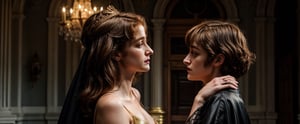 hyper-realistic, Jessica Chastain and Natalia Dyer, wearing a flowing black royal dress with gold trim, plunging neckline, wearing a long flowing black cape, wearing an intricate royal crown, kissing eachother, in a castle, stern facial expression, kubrick stare, holding a scepter, pressing bodies against eachother, orgasm face, sex, lesbian, love, caressing, undressing eachother,